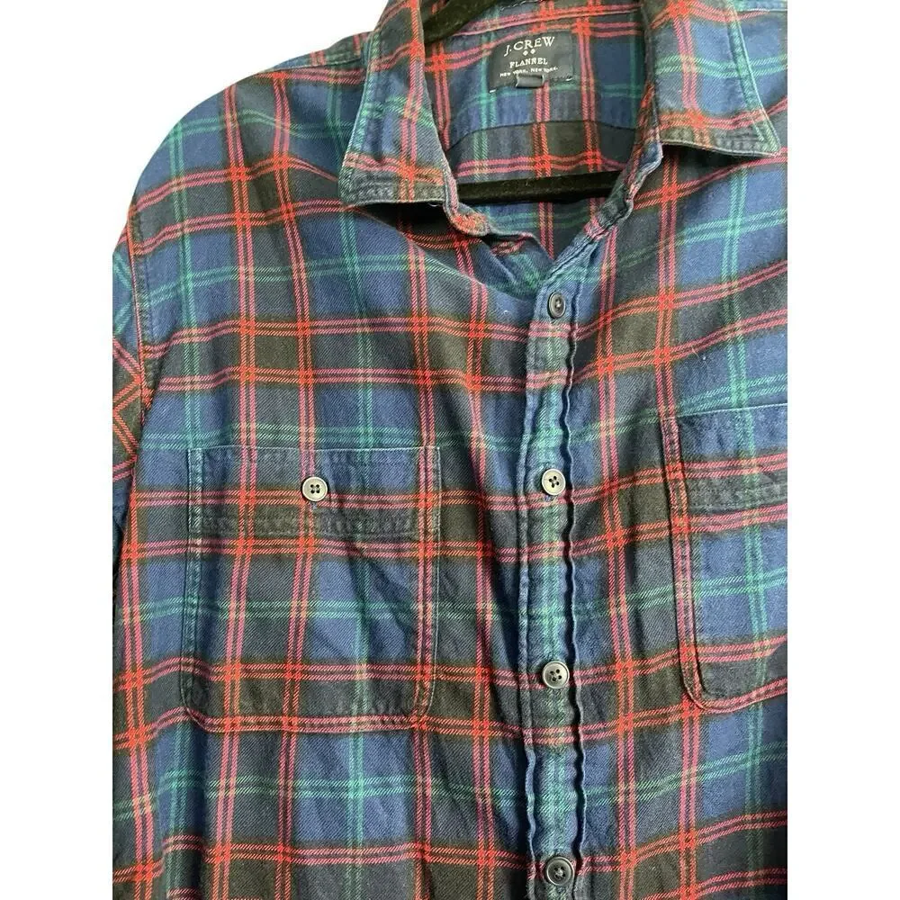 J Crew Flannel Shirt Slim Pockets Cotton Plaid Blue Green Red L Grunge Unisex